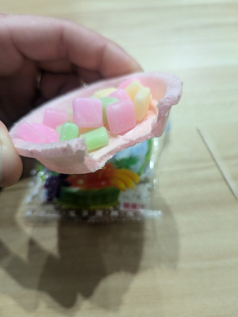 Fruits no Mori monaka wafer with colorful candies tilted view